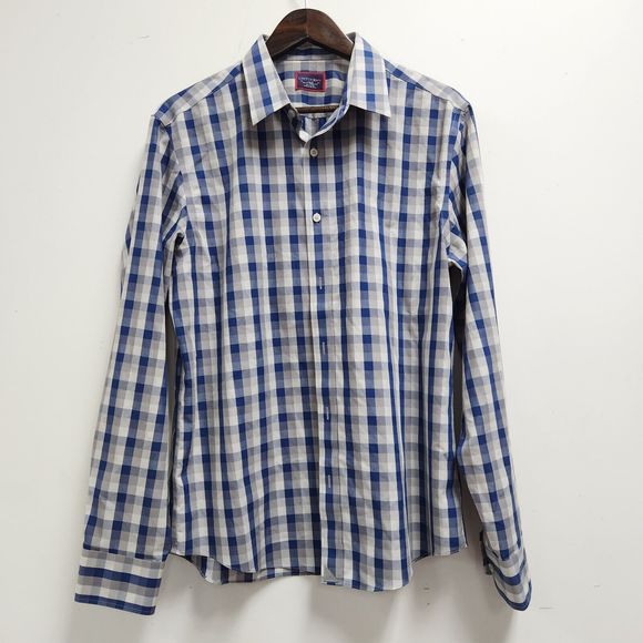 Untuckit Mens Pomerol Button Front Shirt Size L Long Sleeve Slim Gray Blue Check - Picture 1 of 11
